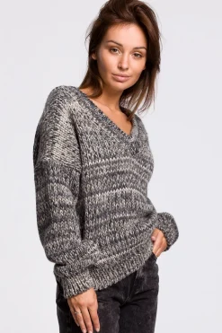 Wielokolorowy sweter z dekoltem V - szary
