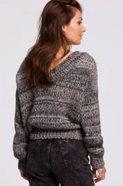 Wielokolorowy sweter z dekoltem V - szary