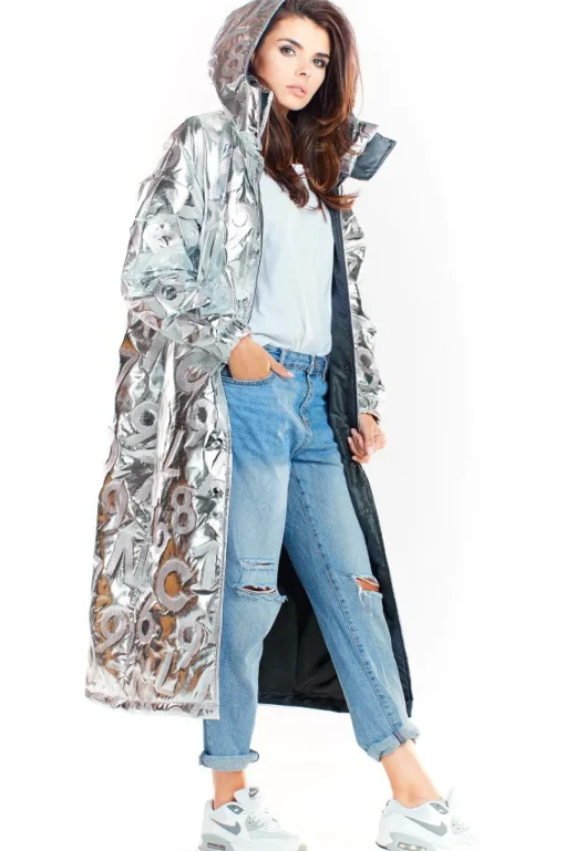 Wodoodporny płaszcz oversize - srebrny