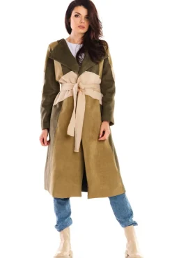 Zamszowy płaszcz wiązany w talii - khaki-beżowy