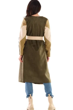 Zamszowy płaszcz wiązany w talii - khaki-beżowy