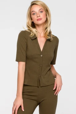 Zapinana bluzka z krótkim rękawem - khaki