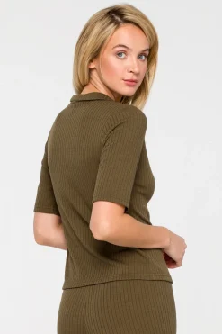 Zapinana bluzka z krótkim rękawem - khaki