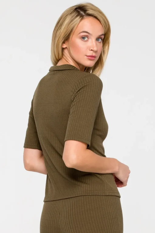 Zapinana bluzka z krótkim rękawem - khaki