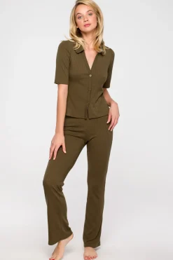 Zapinana bluzka z krótkim rękawem - khaki